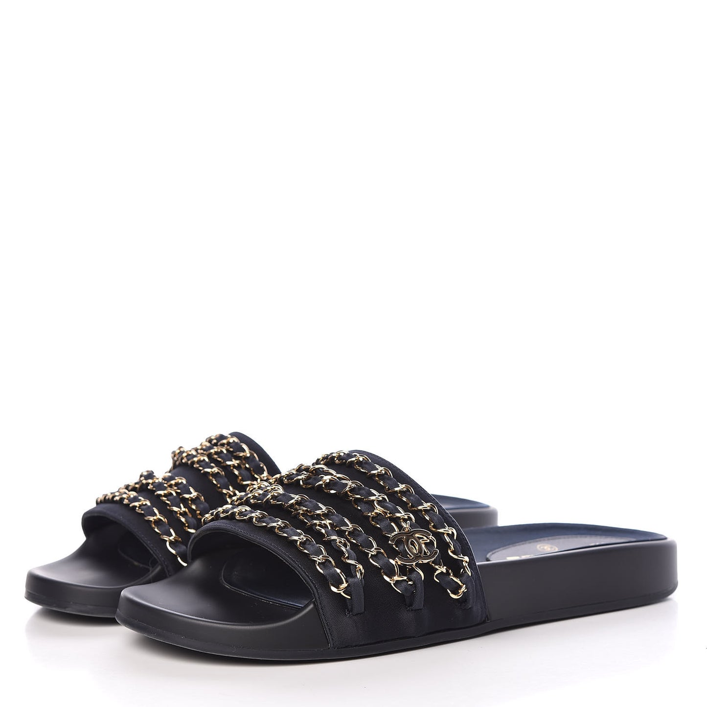 Satin Canvas Chain Flat Sandals 41 Marine