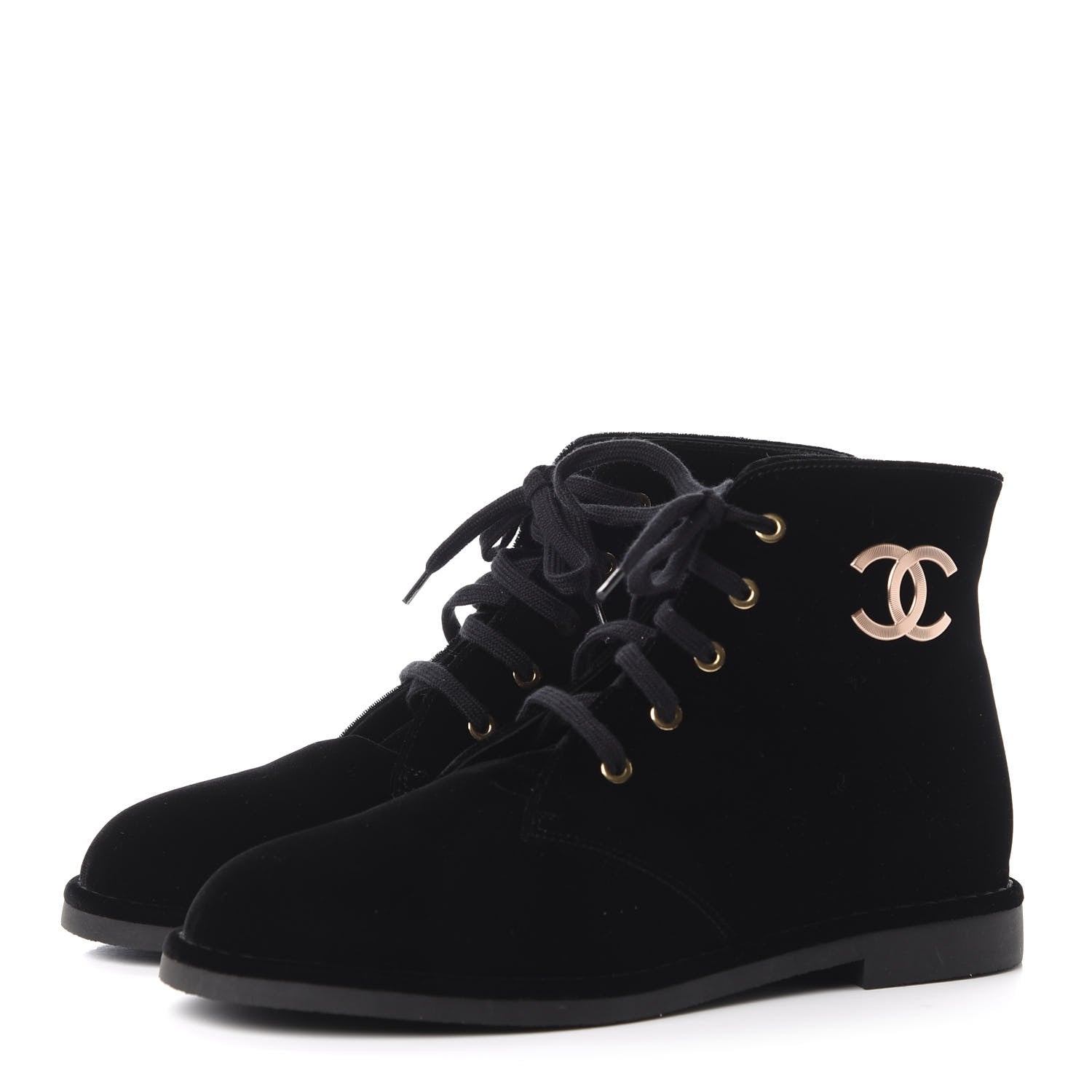Chanel Velvet CC Lace Up Boots 40.5 Black 3 of 8