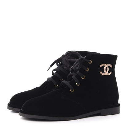 Chanel Velvet CC Lace Up Boots 40.5 Black 3 of 8