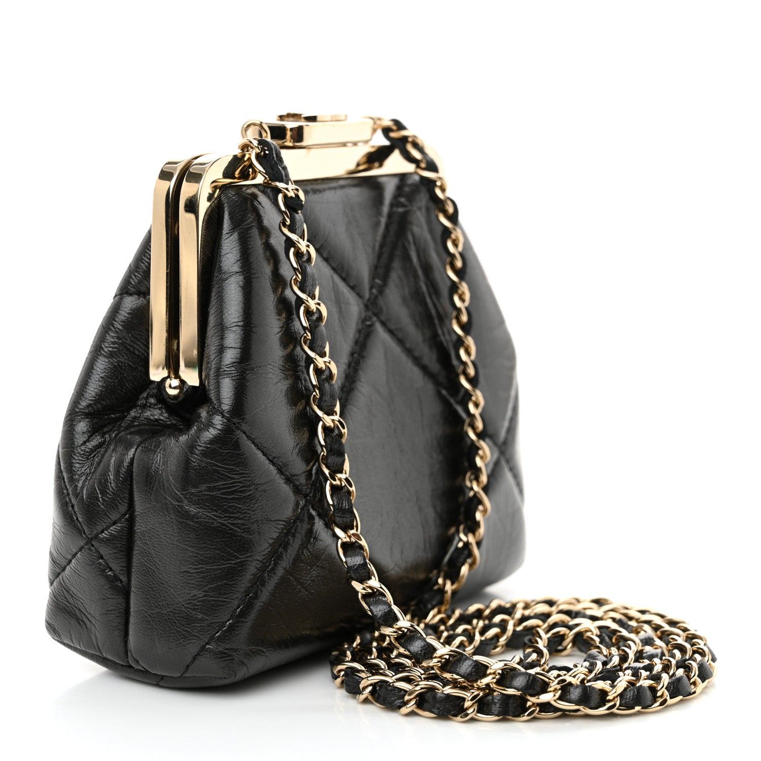 Chanel Shiny Aged Lambskin Quilted Kiss Lock Clutch With Chain Black 2 of 10