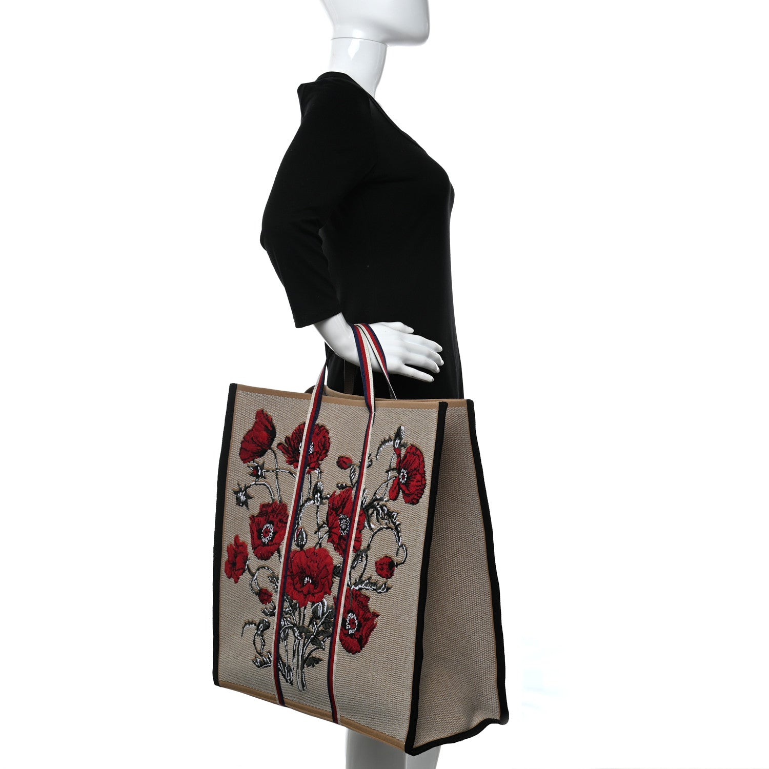 Gucci Canvas Woven Floral Embroidered Vertical Tote Beige Multicolor 2 of 9