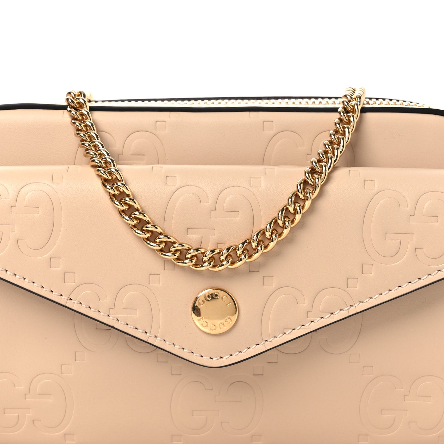 Calfskin GG Super Mini Debossed Chain Wallet Light Beige
