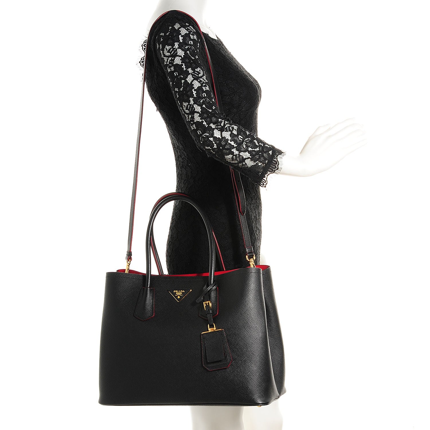 Prada Saffiano Cuir Double Handle Tote Black Ciliegia 2 of 10