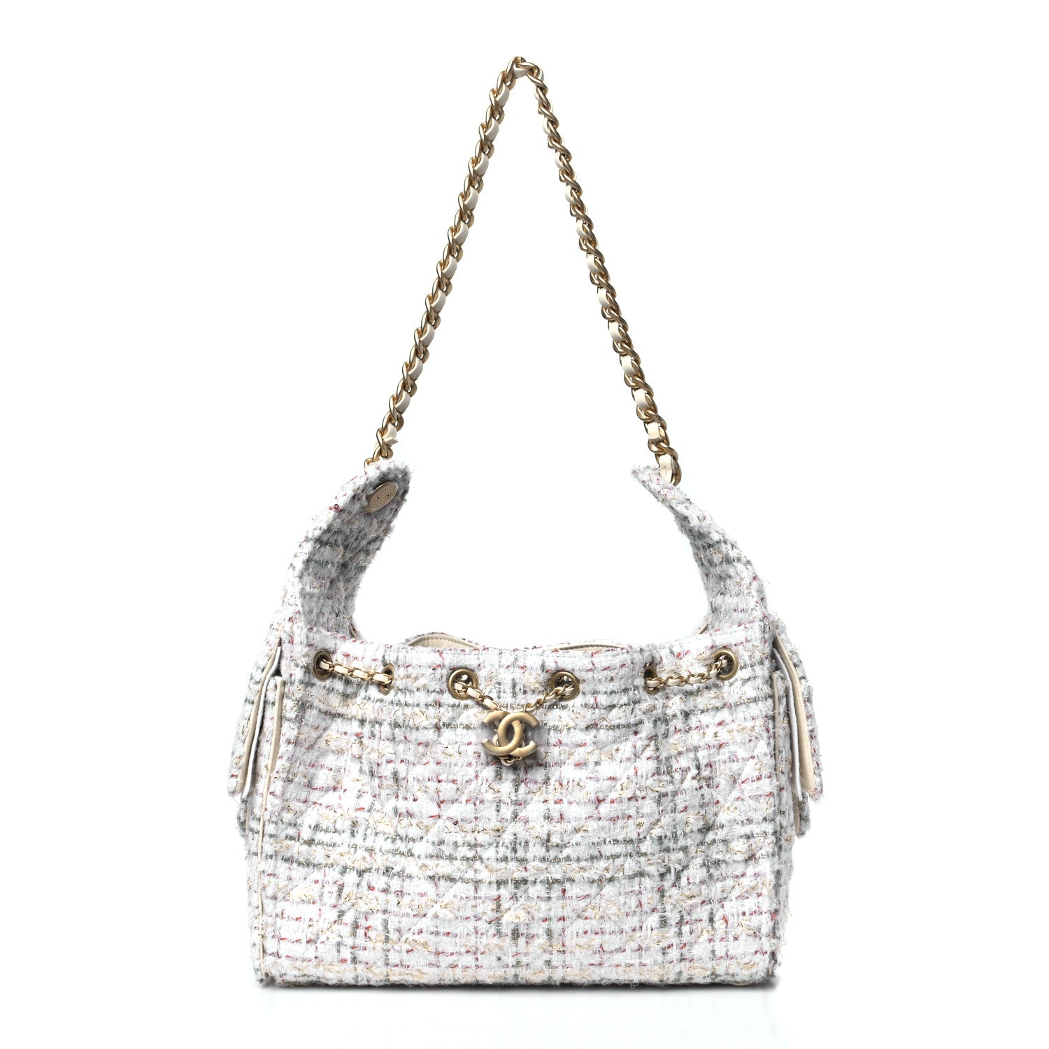 Chanel Tweed Quilted Small Chanel 25 Handbag Ecru Khaki Gold Red 1 of 10