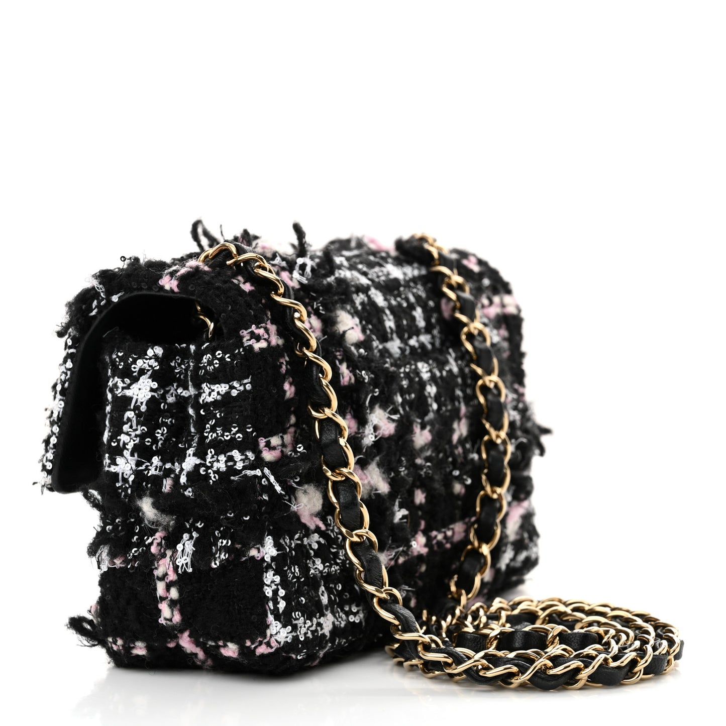 Tweed Sequin Mini Rectangular Flap Black Pink Multicolor