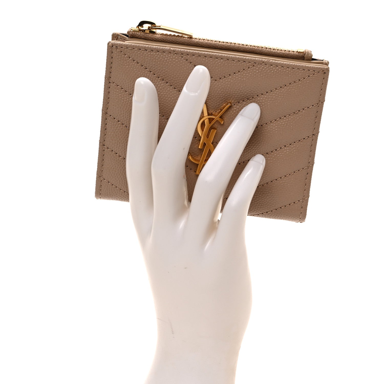 Saint Laurent Grain De Poudre Matelasse Chevron Monogram Zipped Two-Part Wallet Dark Beige 2 of 6