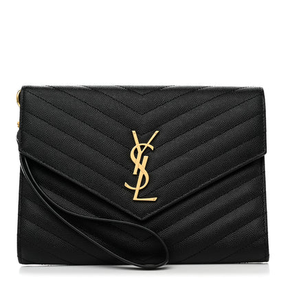 Saint Laurent Grain De Poudre Matelasse Chevron Monogram Envelope Clutch Black 1 of 8