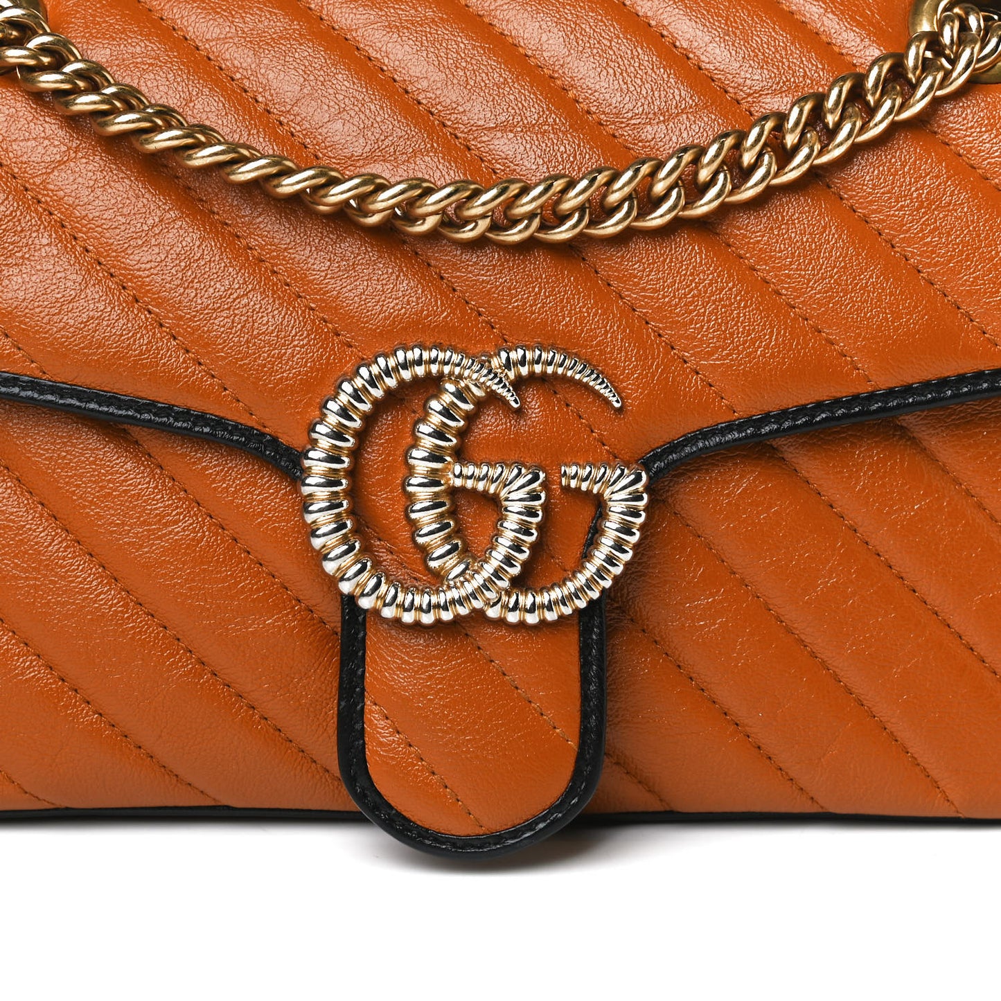 Vintage Effect Calfskin Matelasse Diagonal Small Torchon GG Marmont Shoulder Bag Cognac Black