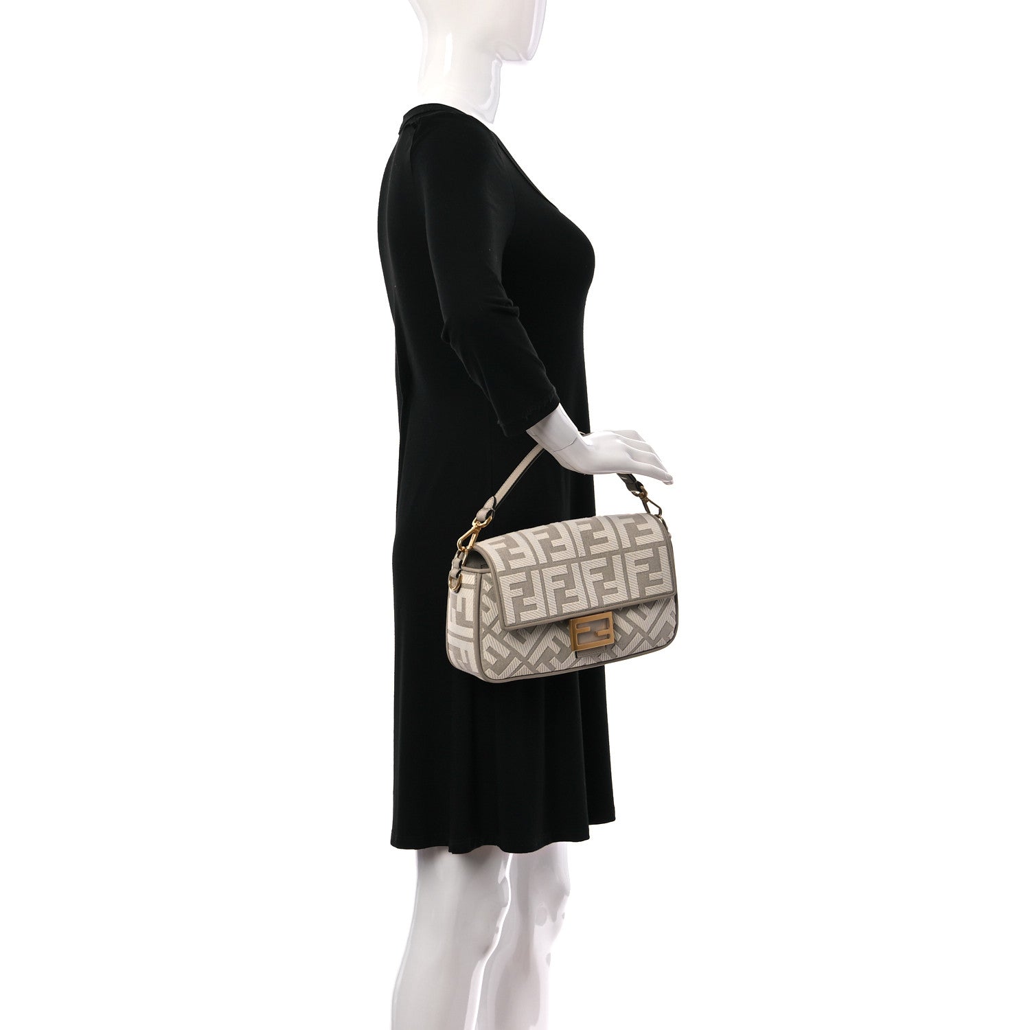 Fendi Canvas Vitello King FF Embroidered Baguette Grezzo White Nuvola 2 of 10