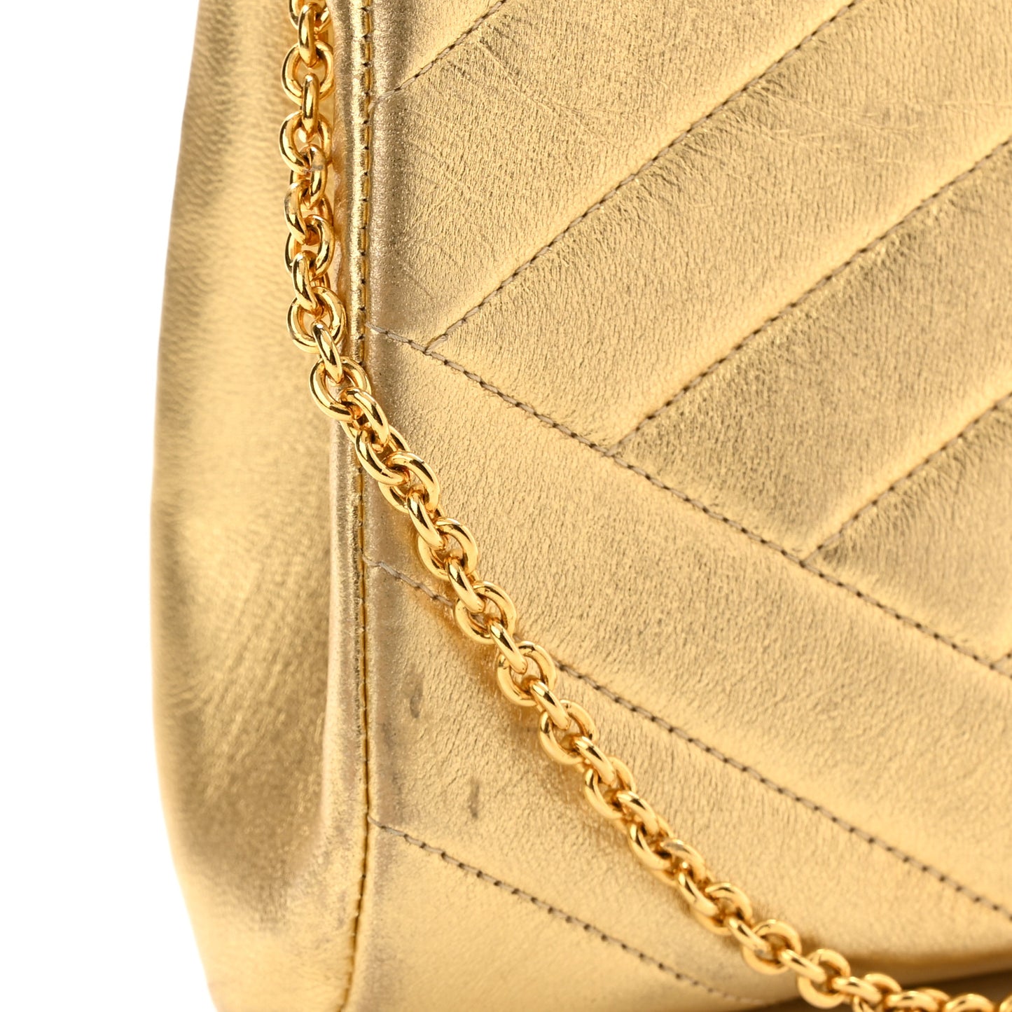 Metallic Lambskin Crystal Chevron Chain Clutch Gold