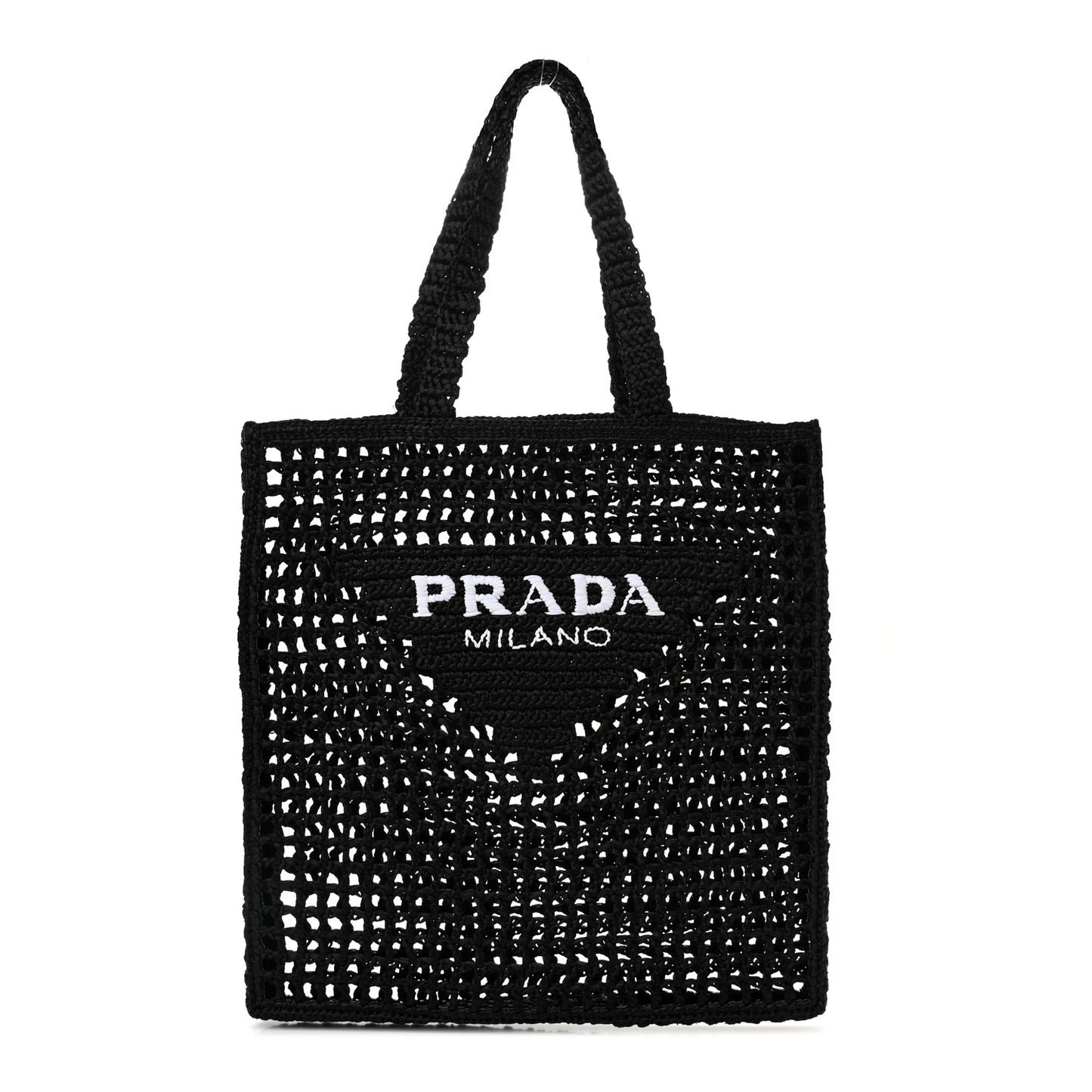 Yarn Raffia Effect Crochet Logo Embroidered Tote Bag Black