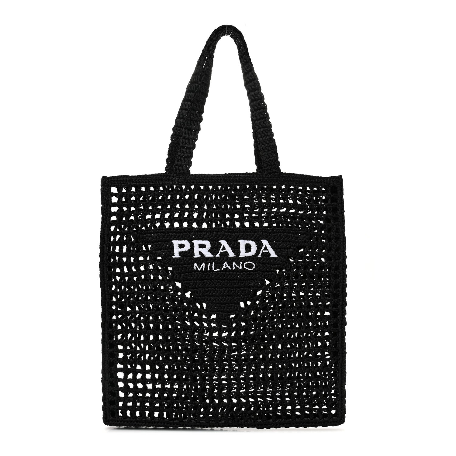 Prada Yarn Raffia Effect Crochet Logo Embroidered Tote Bag Black 1 of 10
