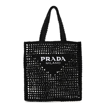 Prada Yarn Raffia Effect Crochet Logo Embroidered Tote Bag Black 1 of 10