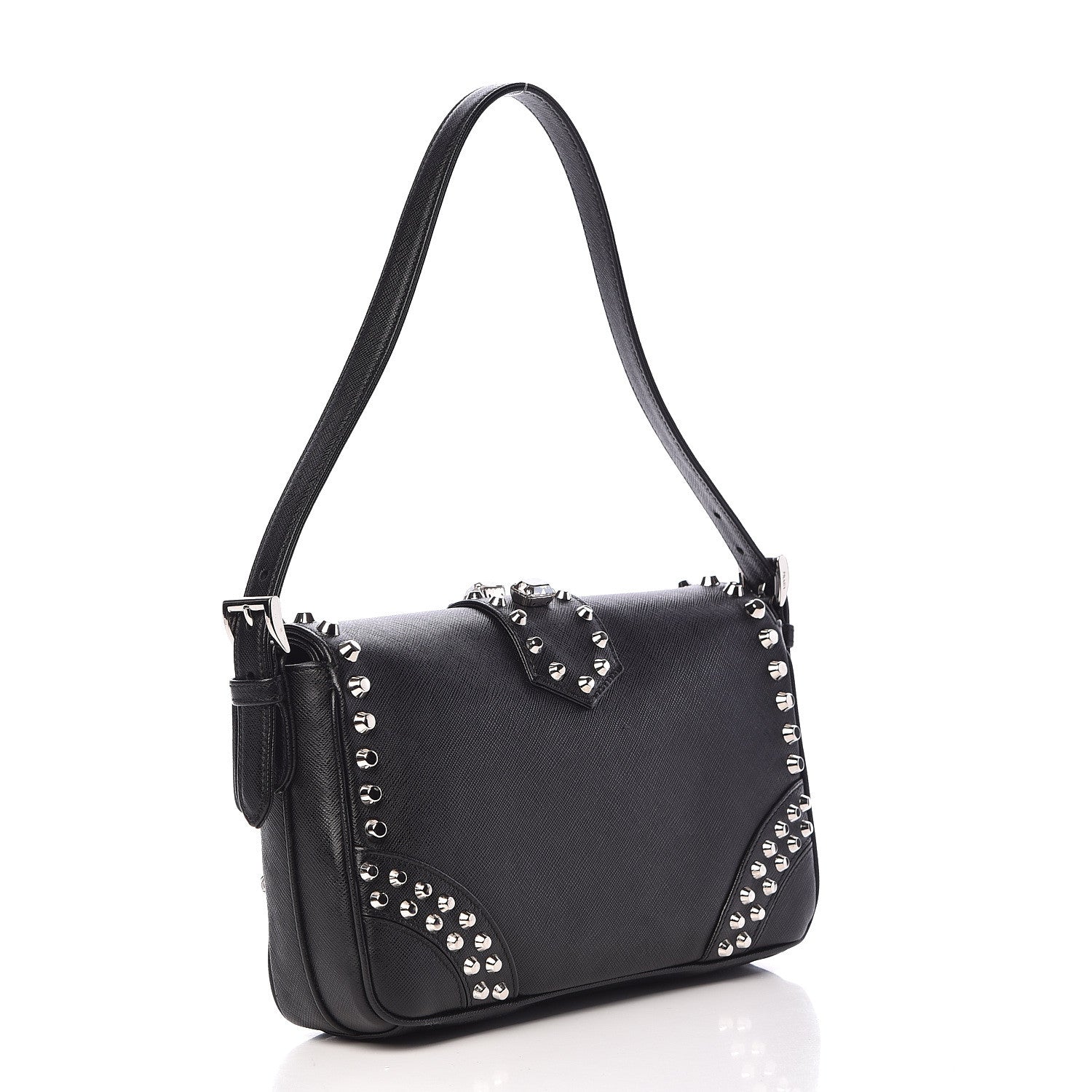 Prada Saffiano Soft Crystal Embellished Shoulder Bag Black 3 of 11