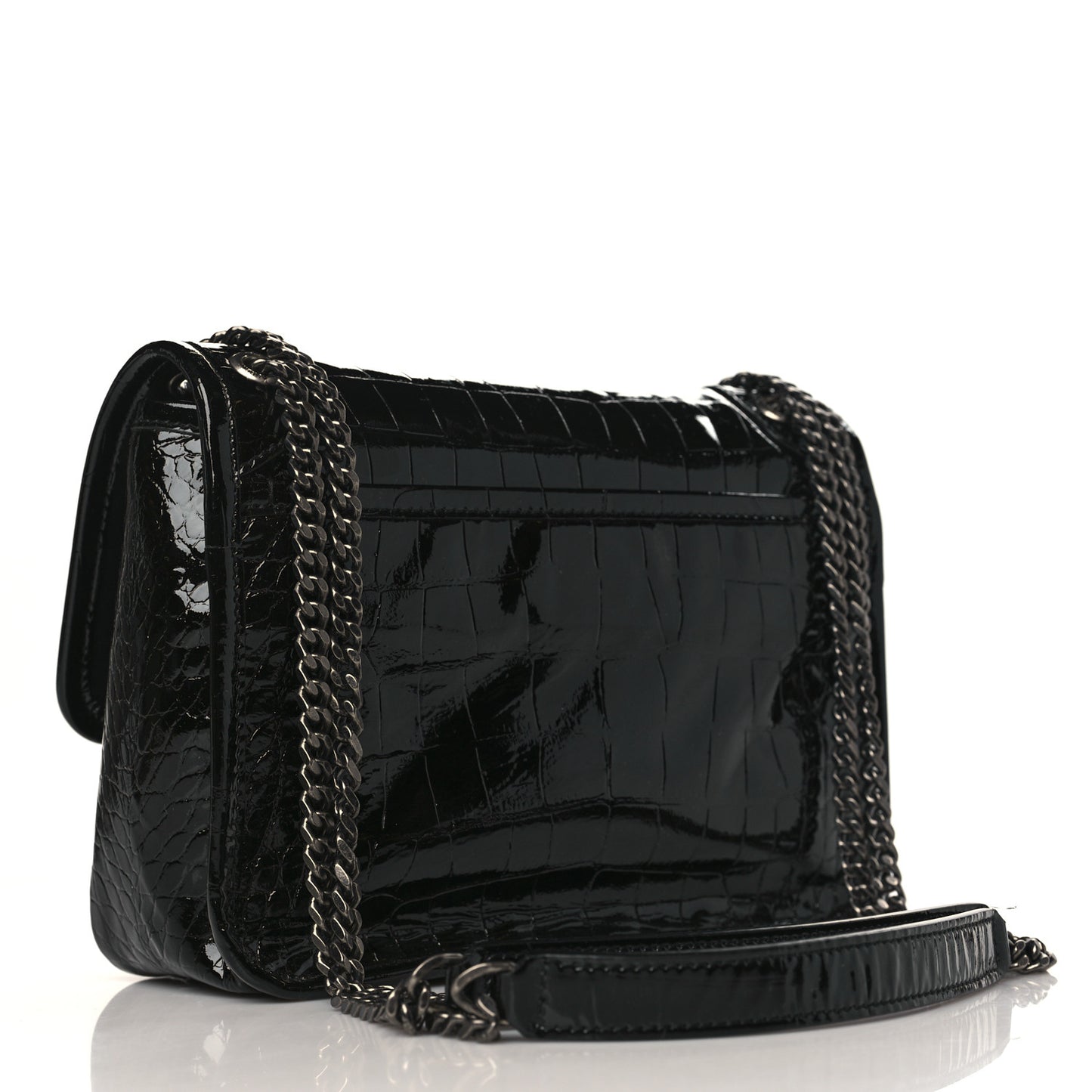Calfskin Crocodile Embossed Matelasse Monogram Baby Niki Chain Satchel Black