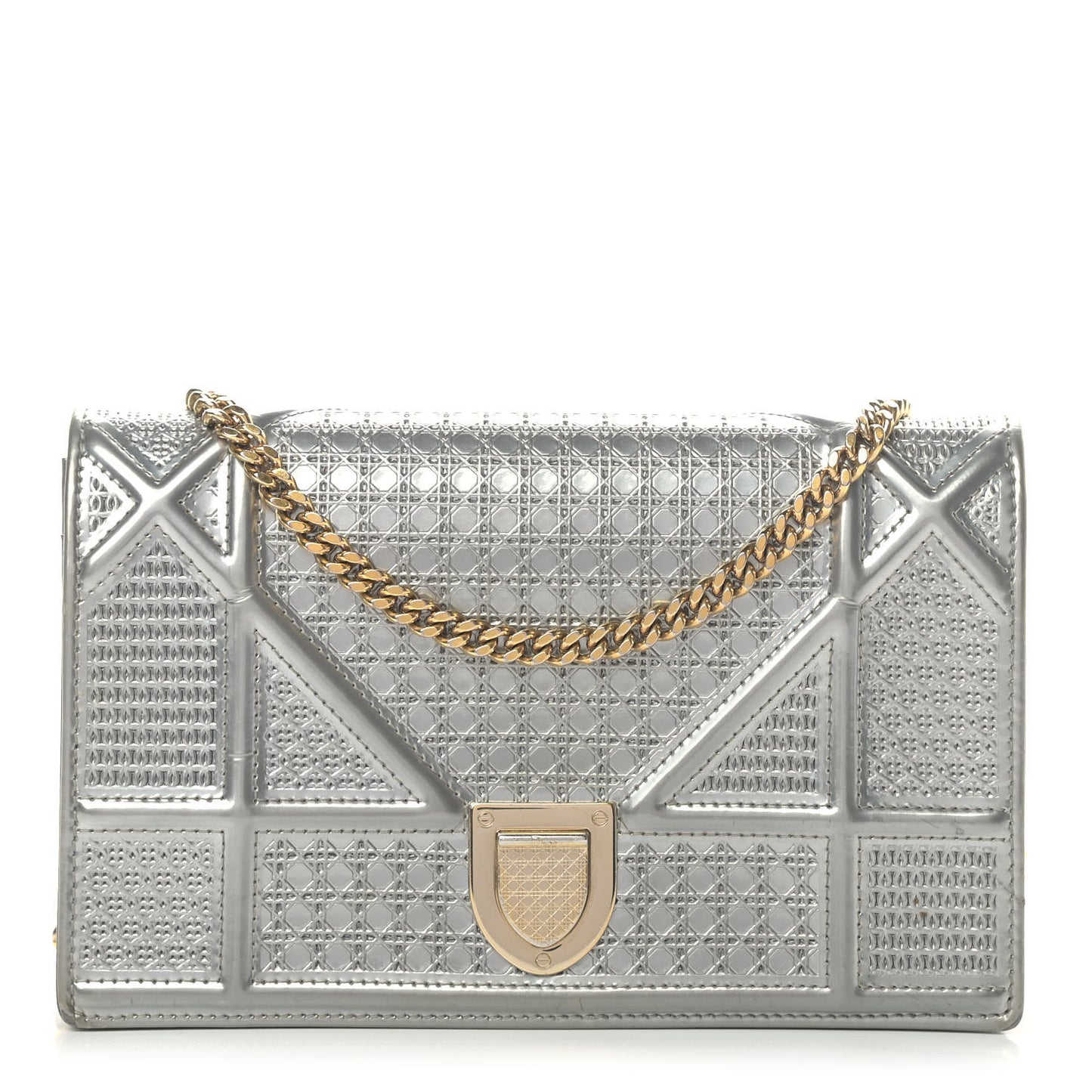 Metallic Patent Micro-Cannage Diorama Wallet on Chain Pouch Silver