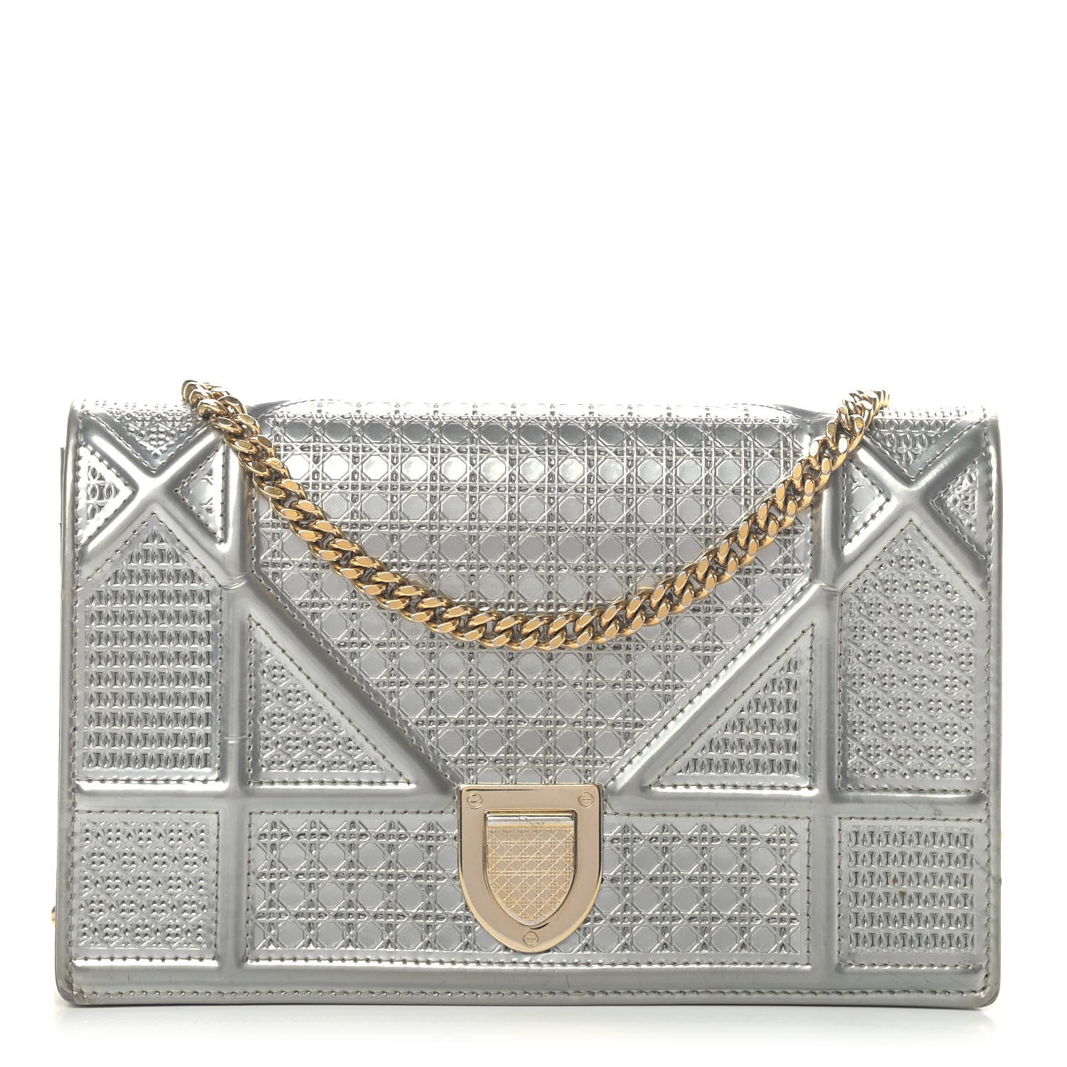 Christian Dior Metallic Patent Micro-Cannage Diorama Wallet on Chain Pouch Silver 1 of 10