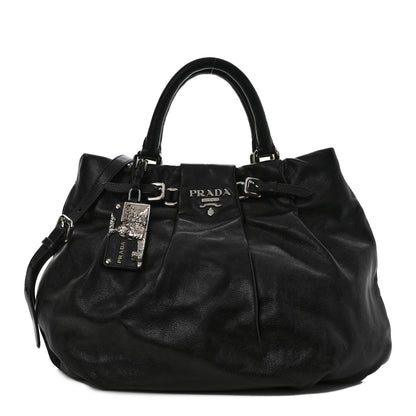 Prada Soft Calfskin Pleated Shoulder Bag Black 1 of 9