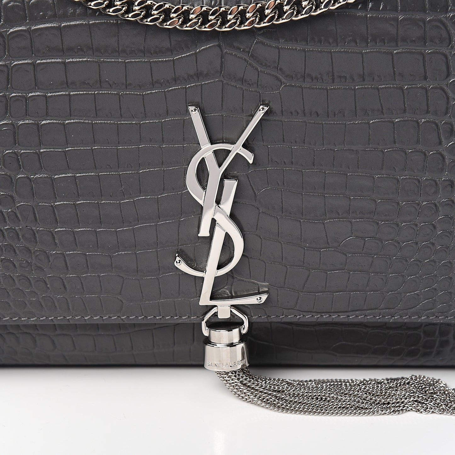 Calfskin Crocodile Embossed Medium Classic Monogram Kate Tassel Satchel Fog