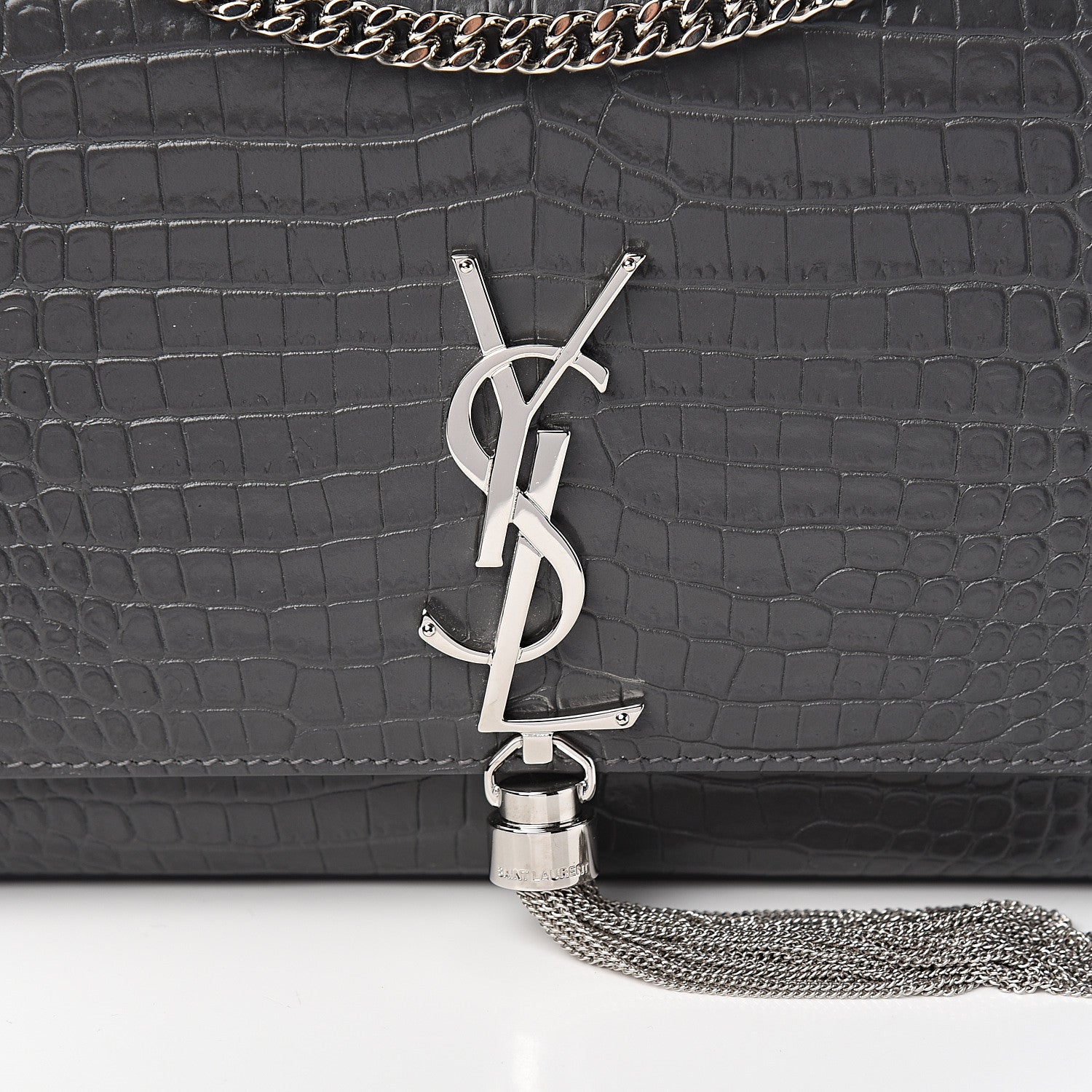 Saint Laurent Calfskin Crocodile Embossed Medium Classic Monogram Kate Tassel Satchel Fog 8 of 8