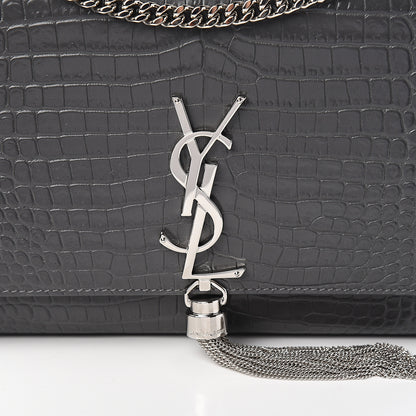 Saint Laurent Calfskin Crocodile Embossed Medium Classic Monogram Kate Tassel Satchel Fog 8 of 8