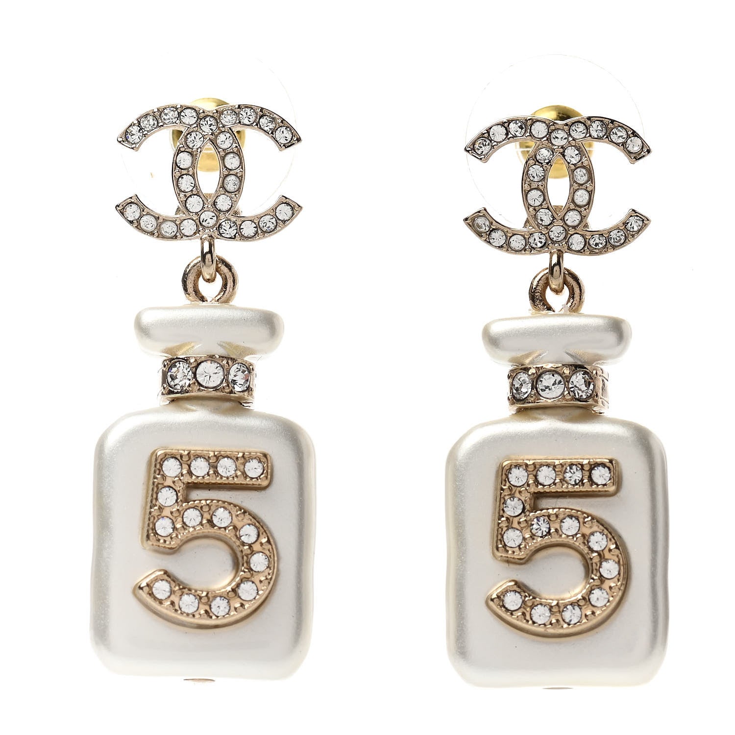 Chanel Pearl Resin Crystal CC No 5 Perfume Bottle Drop Earrings Gold Pearly White 1 of 4