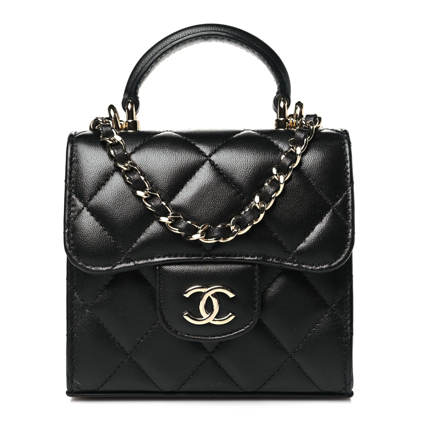 Lambskin Quilted Top Handle Flap Clutch With Chain Black
