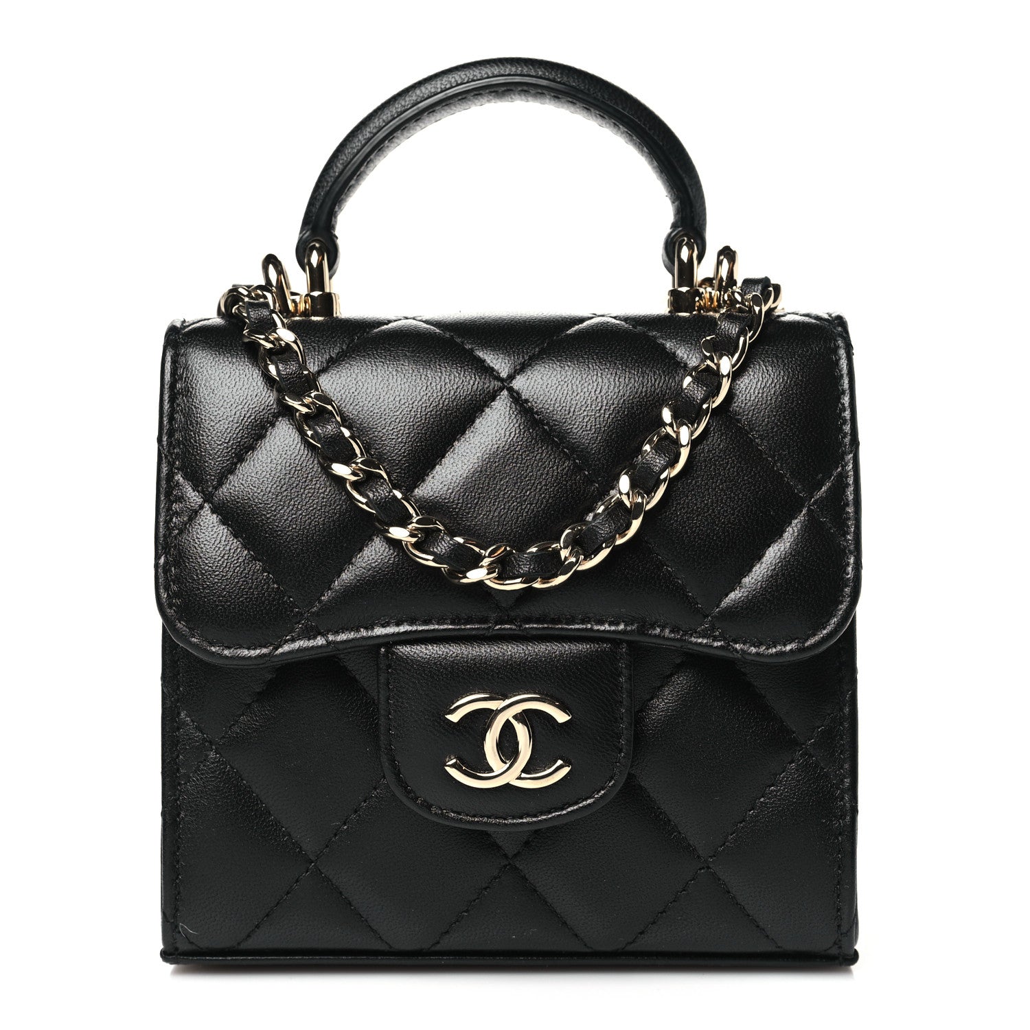 Chanel Lambskin Quilted Top Handle Flap Clutch With Chain Black 1 of 11