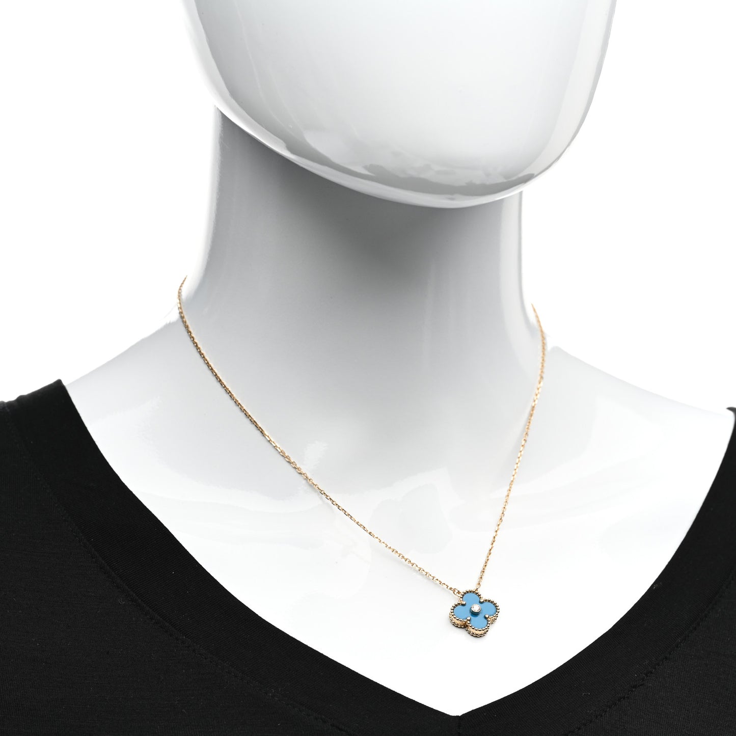 18K Yellow Gold Diamond Celestial Blue Sevres Porcelain Vintage Alhambra Pendant Necklace