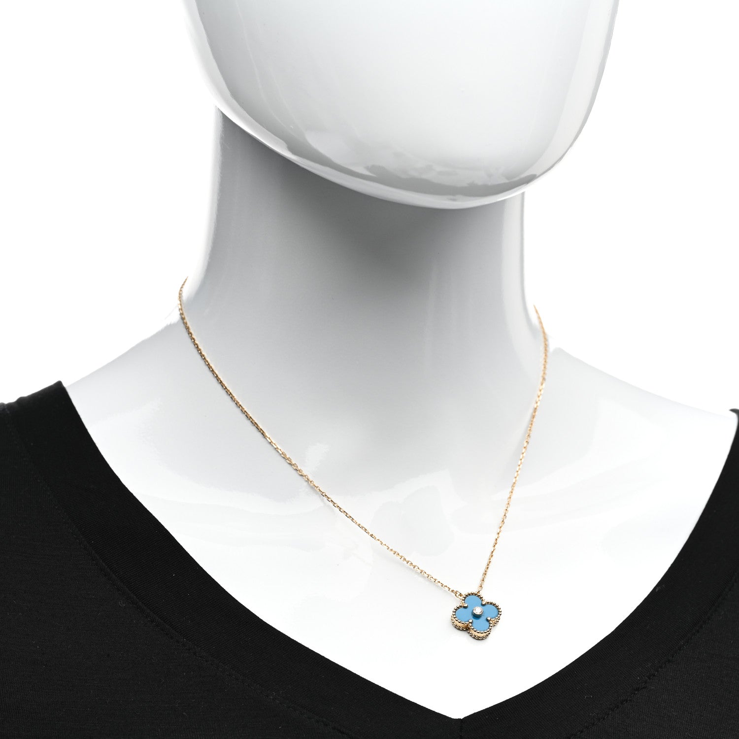 Van Cleef & Arpels 18K Yellow Gold Diamond Celestial Blue Sevres Porcelain Vintage Alhambra Pendant Necklace 2 of 6