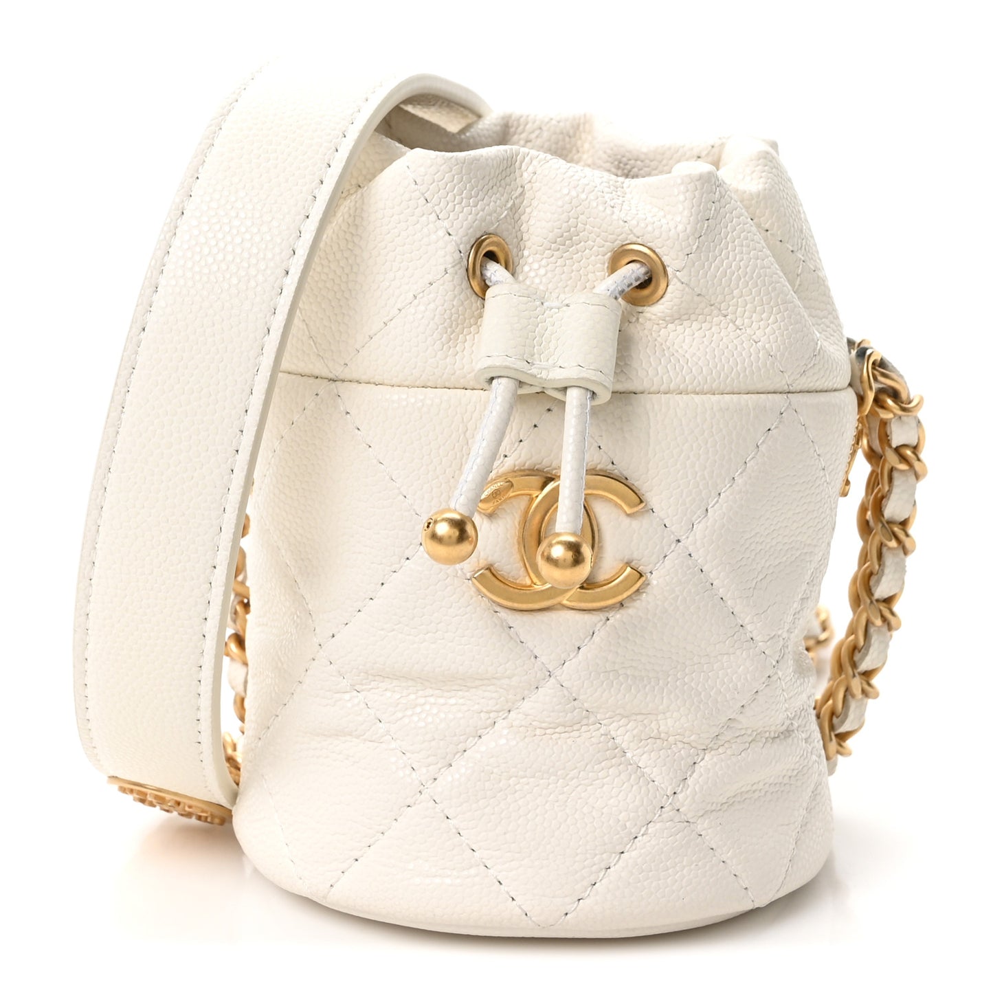 Caviar Quilted Twist Your Buttons Mini Bucket Bag White