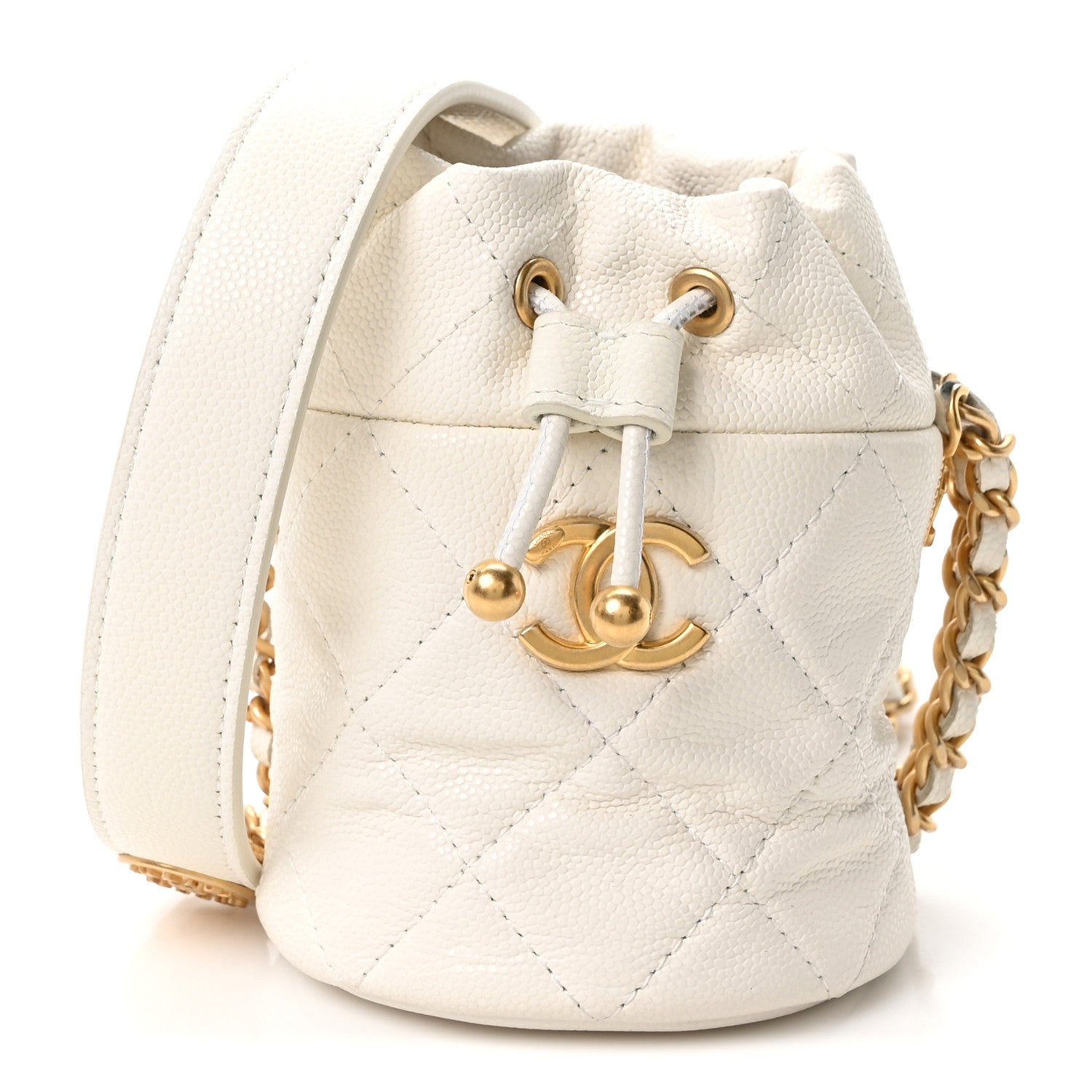 Chanel Caviar Quilted Twist Your Buttons Mini Bucket Bag White 1 of 10