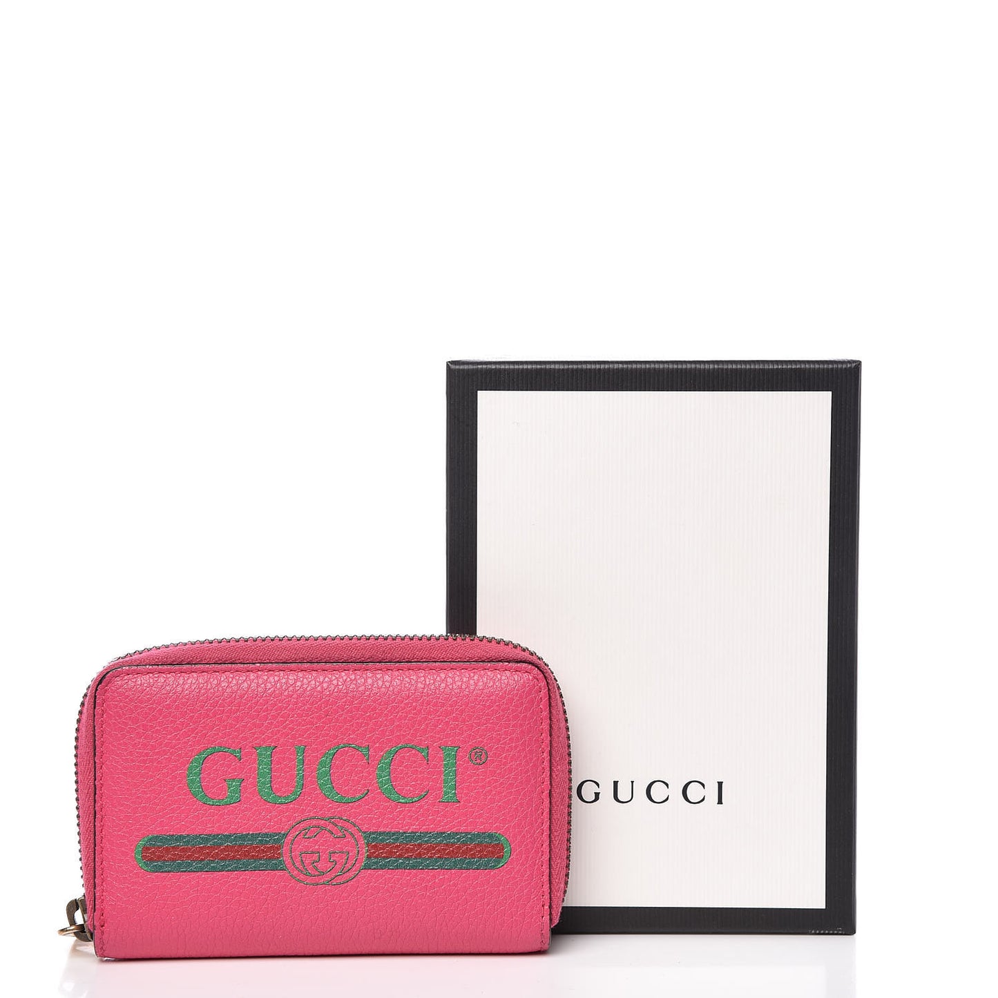 Grained Calfskin Logo Zip Around Card Case Box Pink Green
