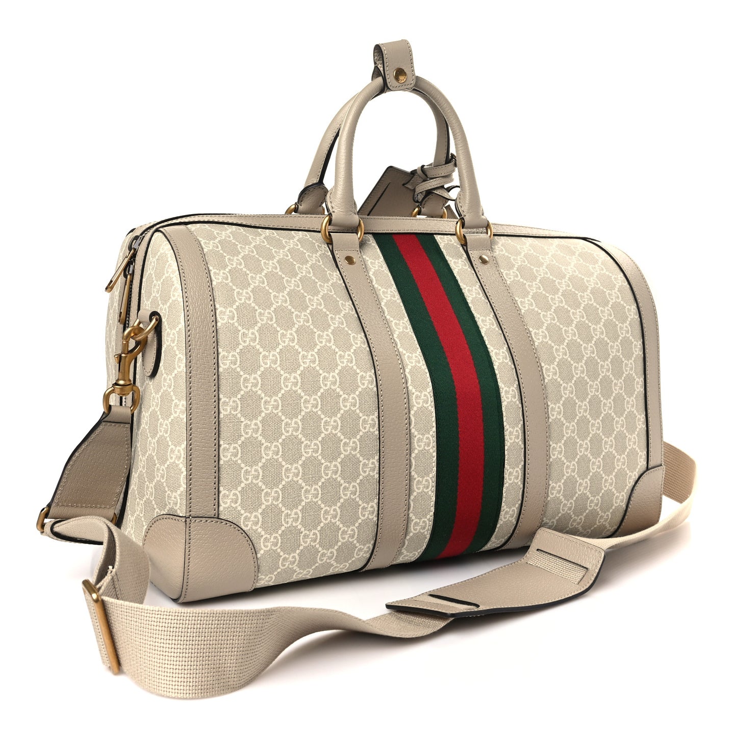 GG Supreme Monogram Textured Dollar Calfskin Web Medium Savoy Duffle Bag Beige Mystic White Oatmeal
