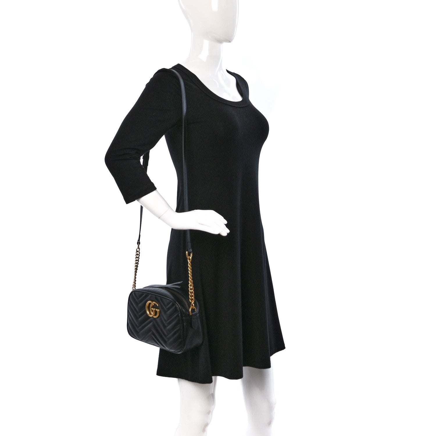 Gucci Calfskin Matelasse Small GG Marmont Chain Shoulder Bag Black 2 of 12