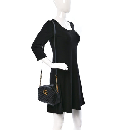 Gucci Calfskin Matelasse Small GG Marmont Chain Shoulder Bag Black 2 of 12