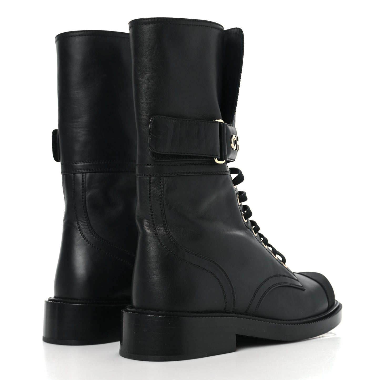 Shiny Calfskin Grosgrain Lace Up Combat Boots 36.5 Black