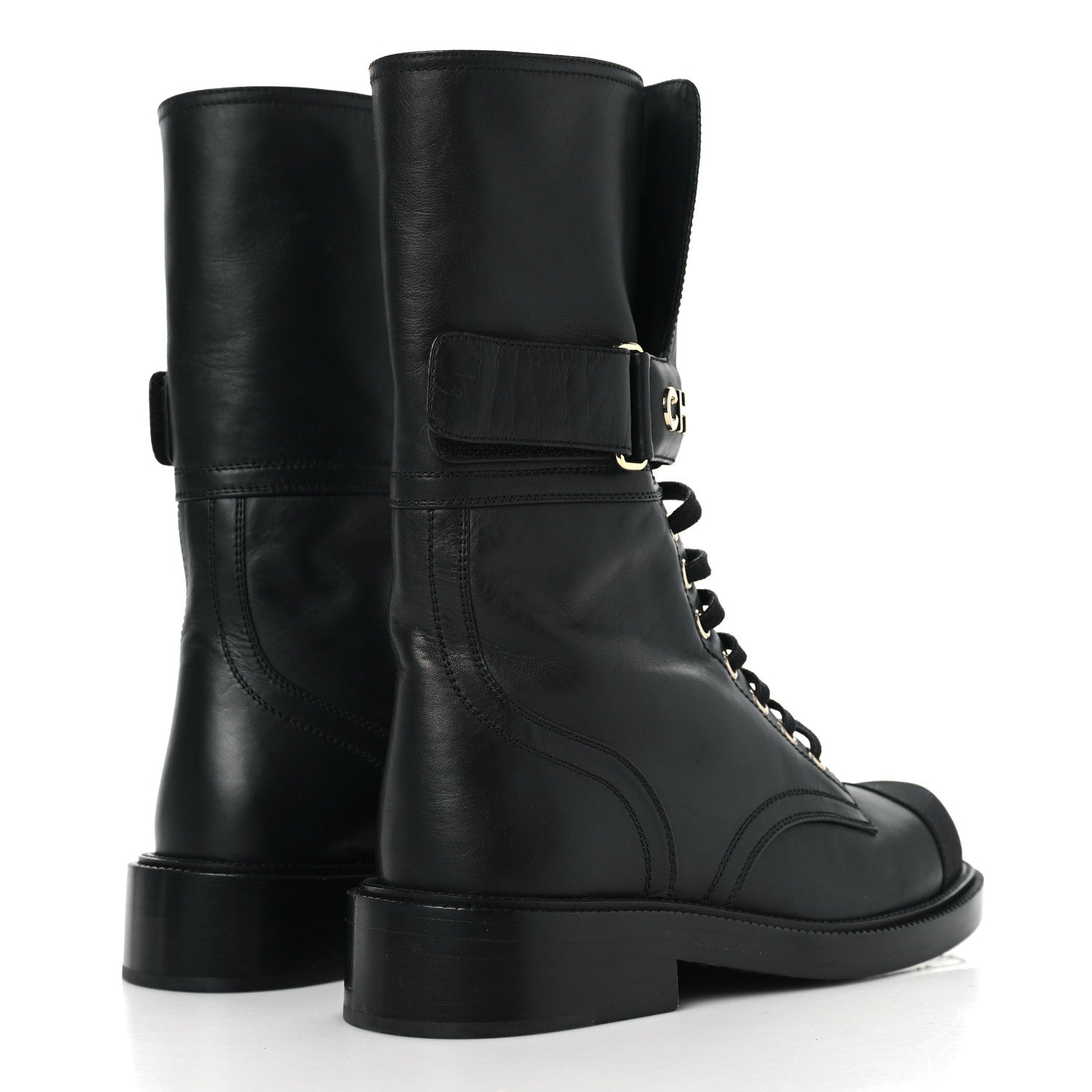 Chanel Shiny Calfskin Grosgrain Lace Up Combat Boots 36.5 Black 5 of 7