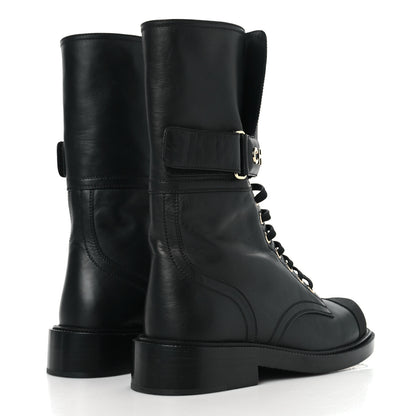 Chanel Shiny Calfskin Grosgrain Lace Up Combat Boots 36.5 Black 5 of 7