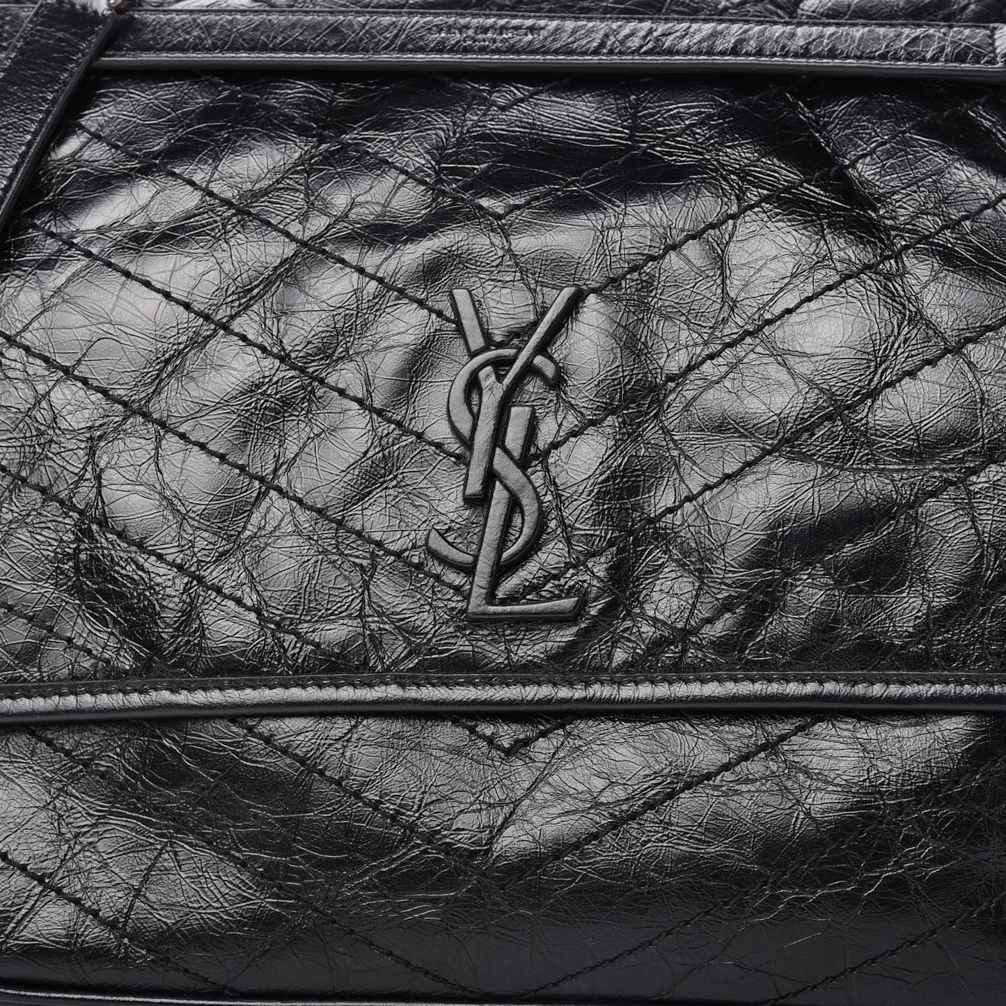 Crinkled Calfskin Matelasse Monogram Large Niki Chain Satchel Black