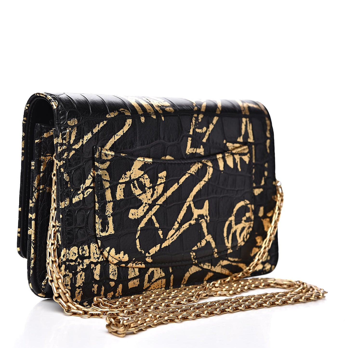 Calfskin Crocodile Embossed Graffiti 2.55 Crocodile Reissue Wallet On Chain WOC Black Gold