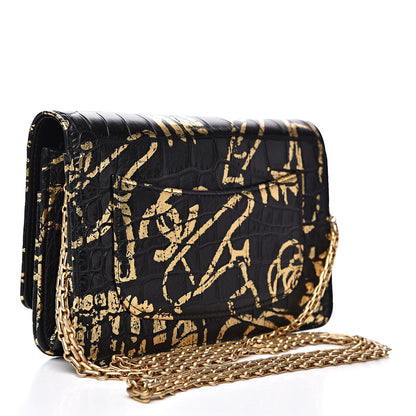 Chanel Calfskin Crocodile Embossed Graffiti 2.55 Crocodile Reissue Wallet On Chain WOC Black Gold 3 of 12