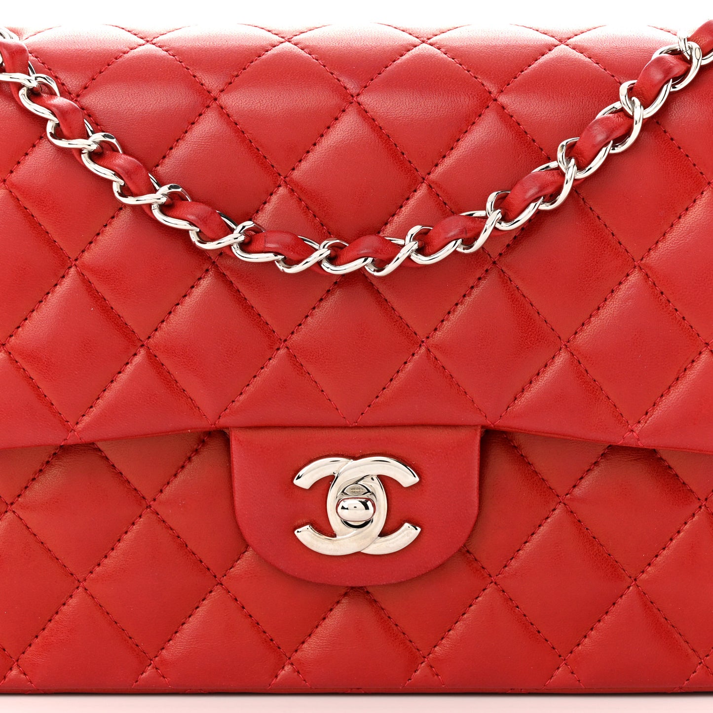 Lambskin Quilted Medium Double Flap Red