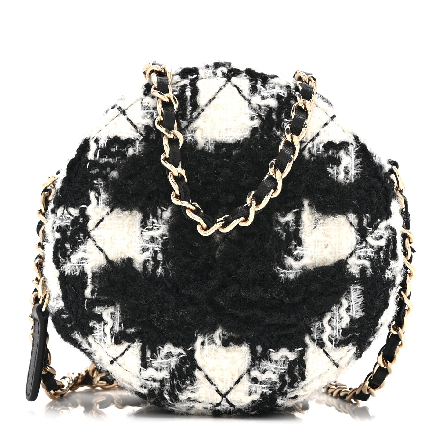 Wool Tweed Lambskin Quilted Round Clutch With Chain and Coin Purse Black White