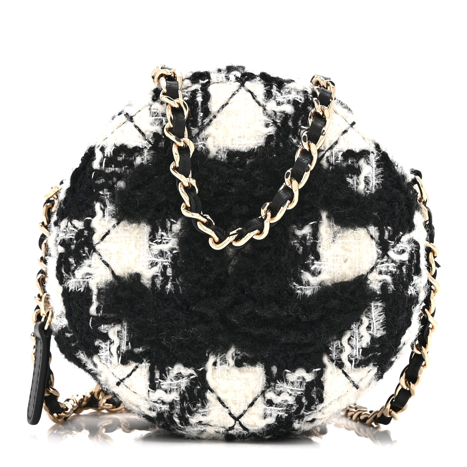 Chanel Wool Tweed Lambskin Quilted Round Clutch With Chain and Coin Purse Black White 1 of 11