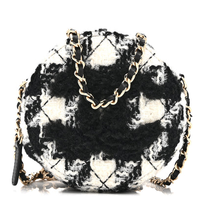 Chanel Wool Tweed Lambskin Quilted Round Clutch With Chain and Coin Purse Black White 1 of 11