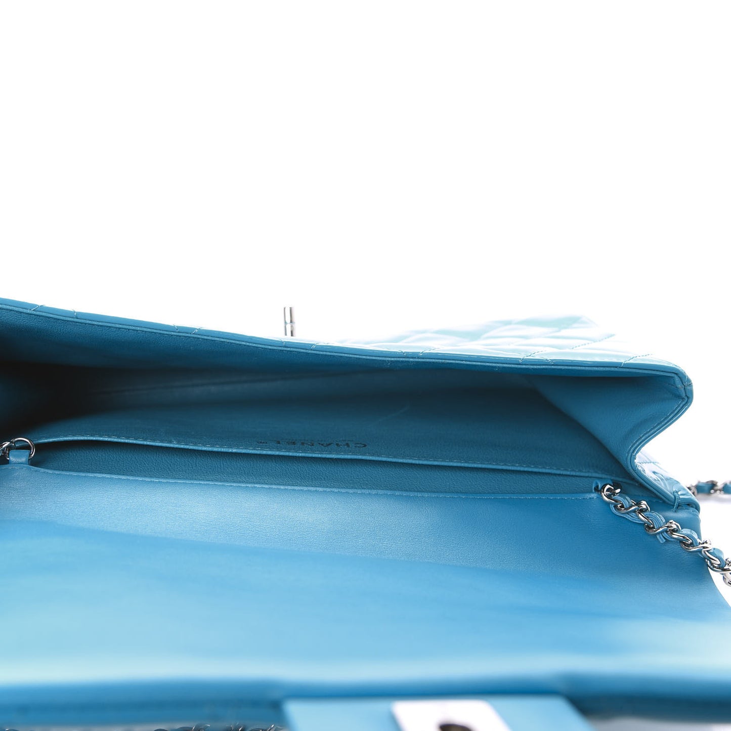 Patent Quilted Clutch with Chain Flap Blue