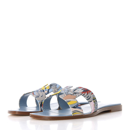Hermes Cotton Canvas Oran Sandals 39.5 Multicolor Bleu Dorset 3 of 11