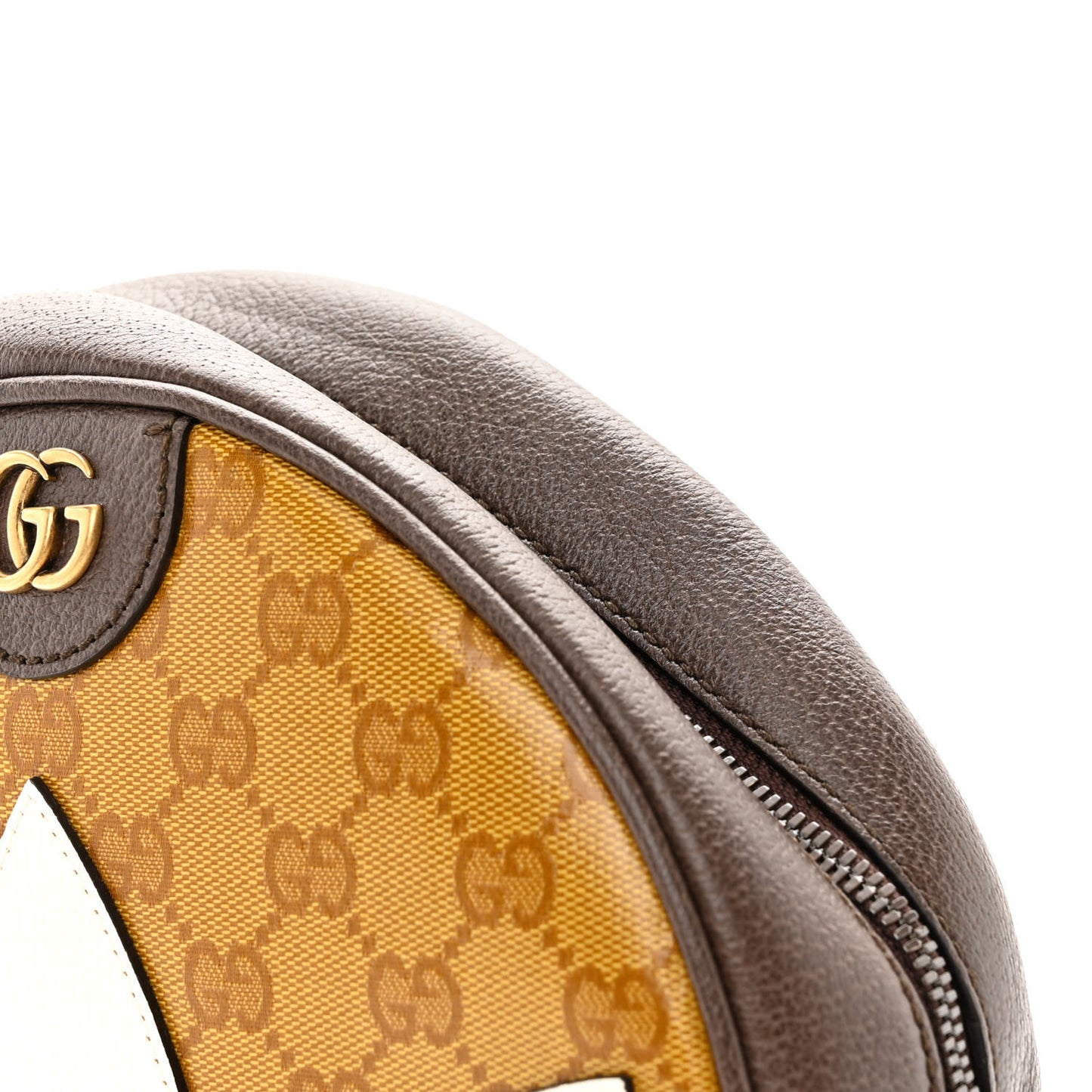 X ADIDAS Crystal Vintage Monogram Textured Dollar Calfskin Web Trefoil Small Ophidia Round Shoulder Bag Mid Natural Nut Off White New Acero
