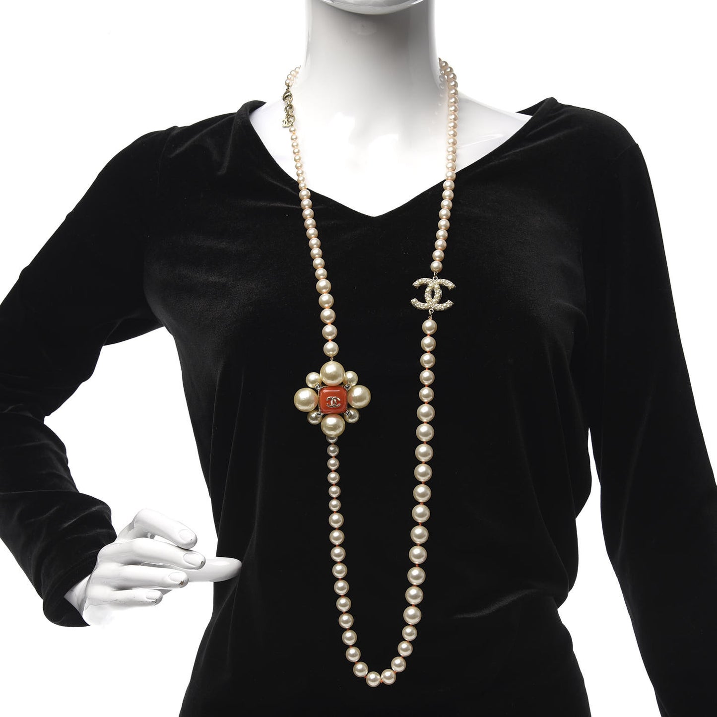 Pearl Crystal Gripoix CC Long Necklace Gold Pearly White Orange